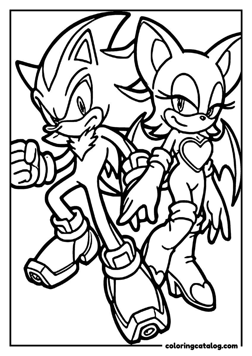 Sonic coloring page: Shadow the Hedgehog and Rouge the Bat side by side in mid-air, Shadow in his hover shoes and Rouge with her wings spread