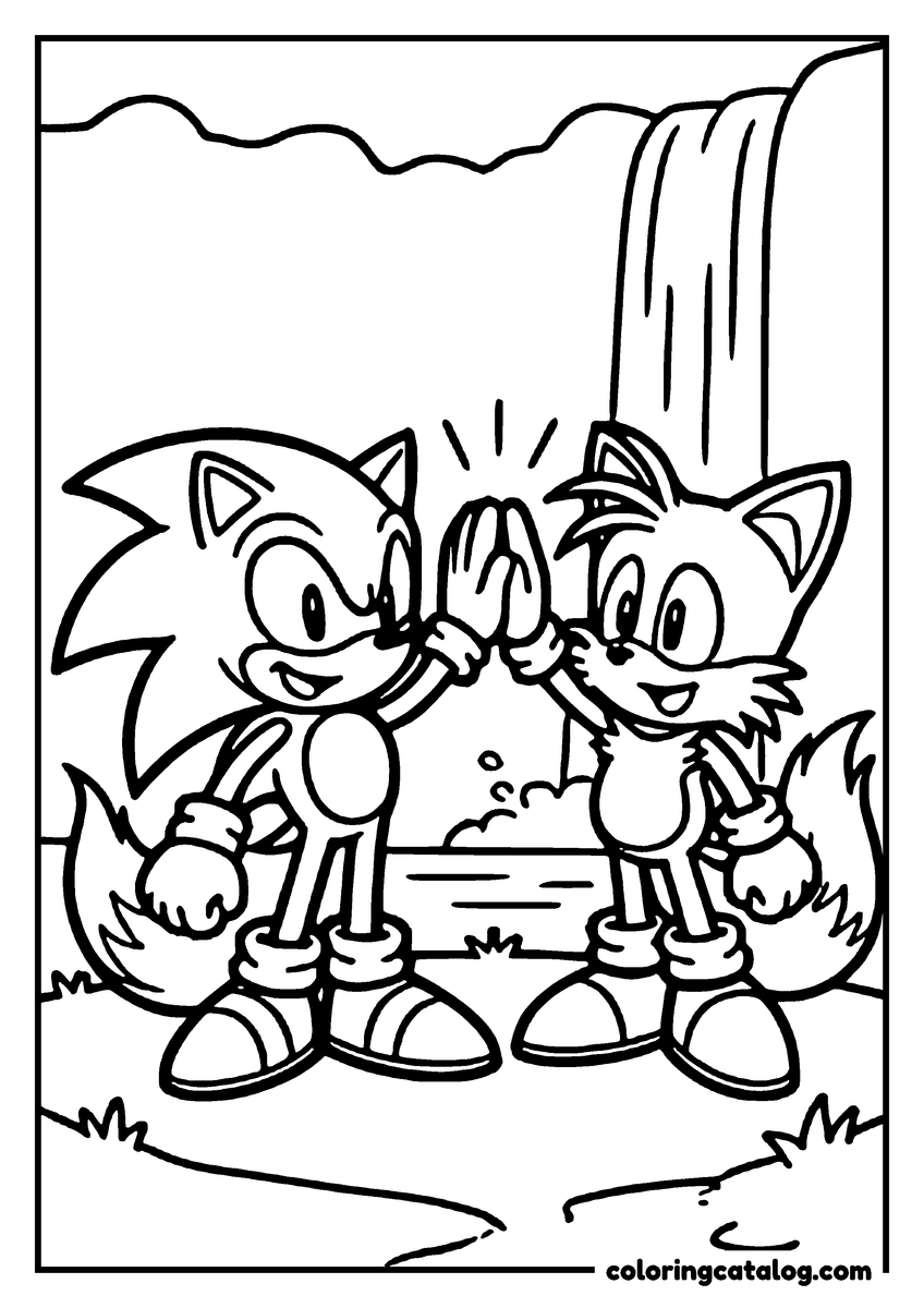 Coloring page: Sonic and Tails high-five each other in front of a waterfall