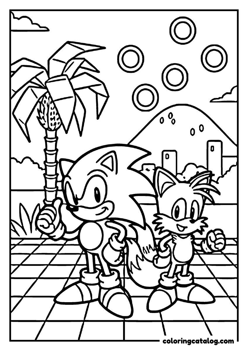Free printable coloring sheet: Sonic and Tails standing in a desert-like environment with rings floating above, palm tree, and futuristic structures in the background