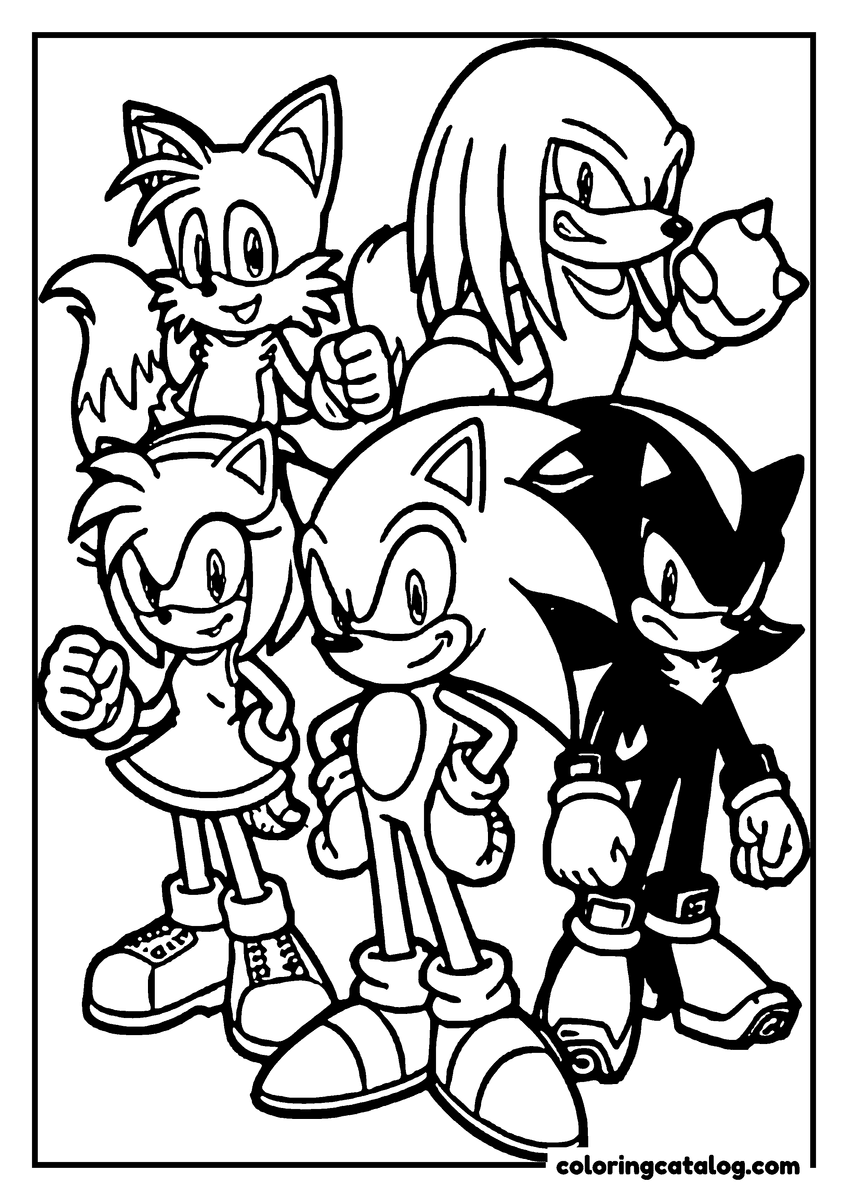 Coloring page: Sonic, Tails, Knuckles, Amy Rose and Shadow standing together in a group, fists raised
