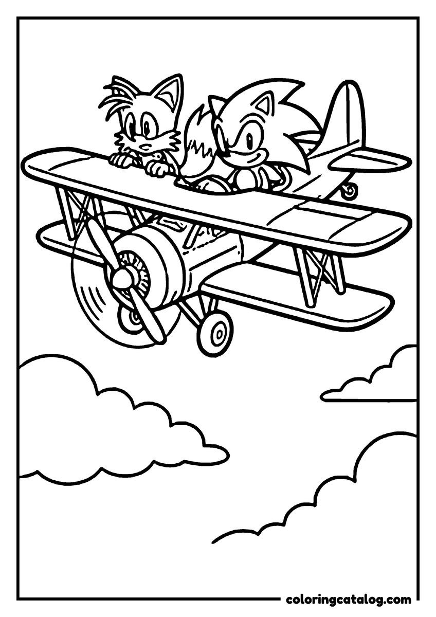 Free printable coloring sheet: Sonic the Hedgehog and Tails flying in a biplane, surrounded by clouds