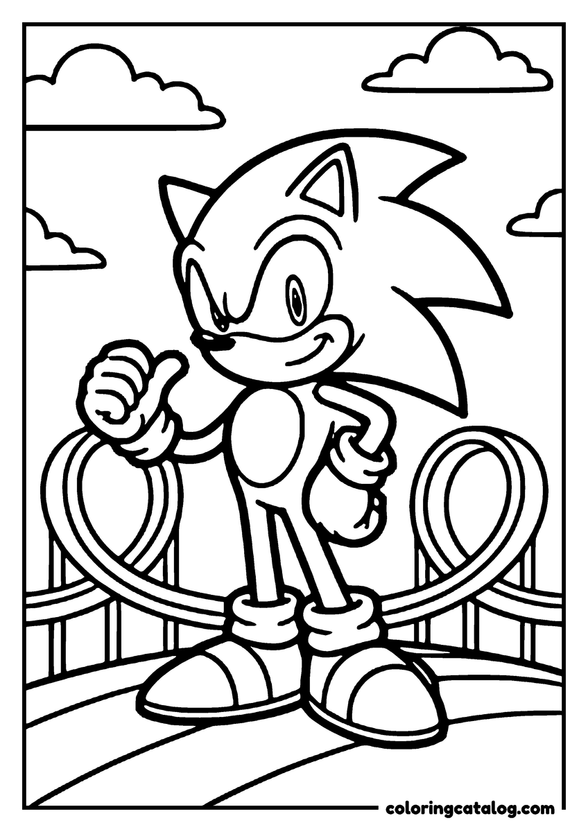 Coloring page: Sonic the Hedgehog standing on a platform with rings scattered around his feet and clouds behind him
