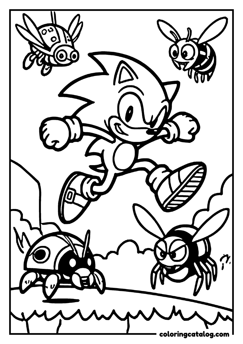 Free printable coloring sheet: Sonic the Hedgehog jumping over three flying bee robots and a small wheeled robot on a grassy ledge
