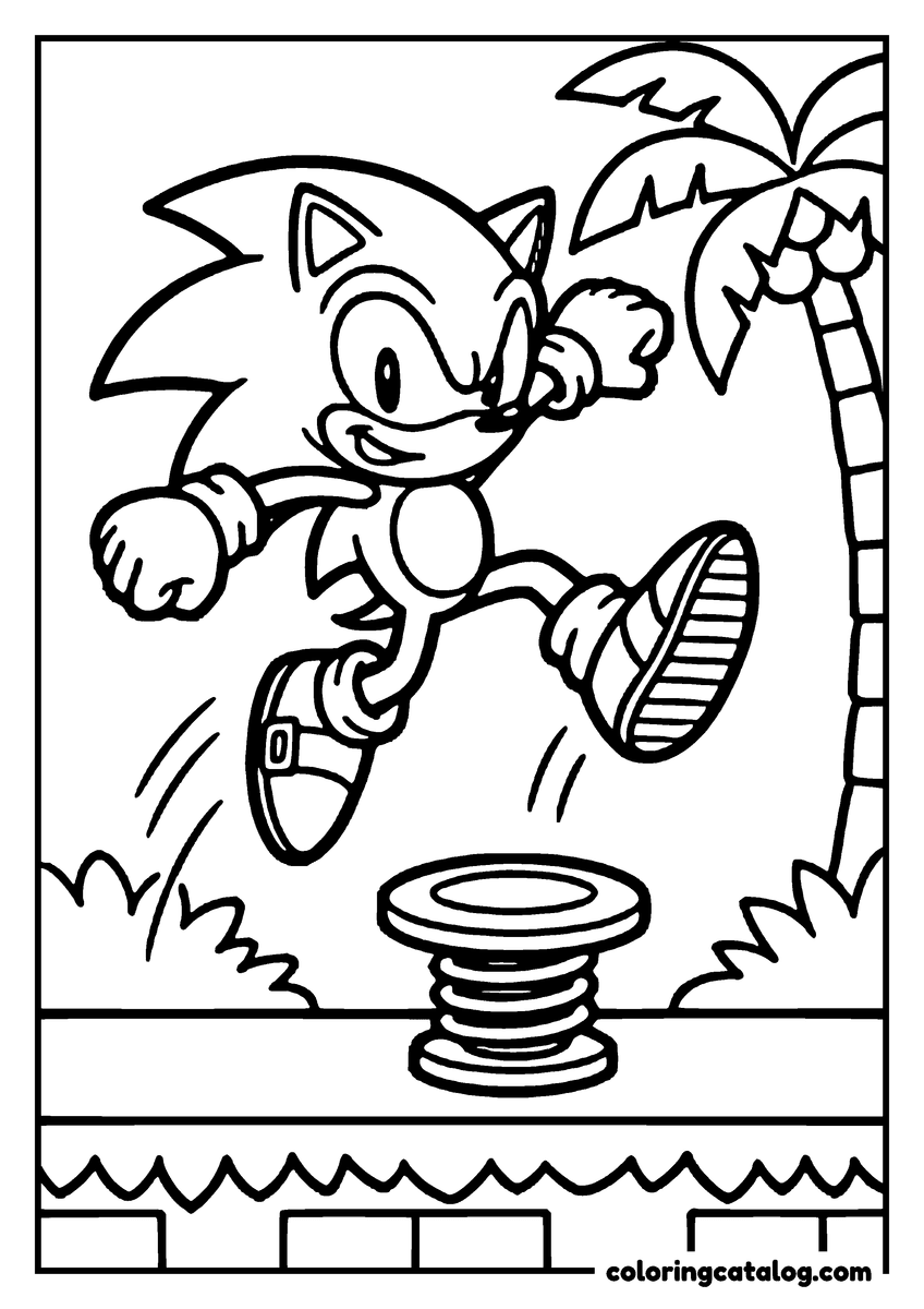 Coloring page: Sonic the Hedgehog is jumping over a springy platform in a tropical setting with palm trees