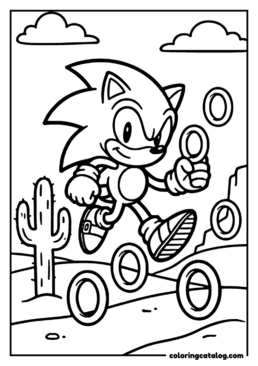 Free printable coloring sheet: Sonic the Hedgehog racing through a desert past a cactus, rings floating in the air around him