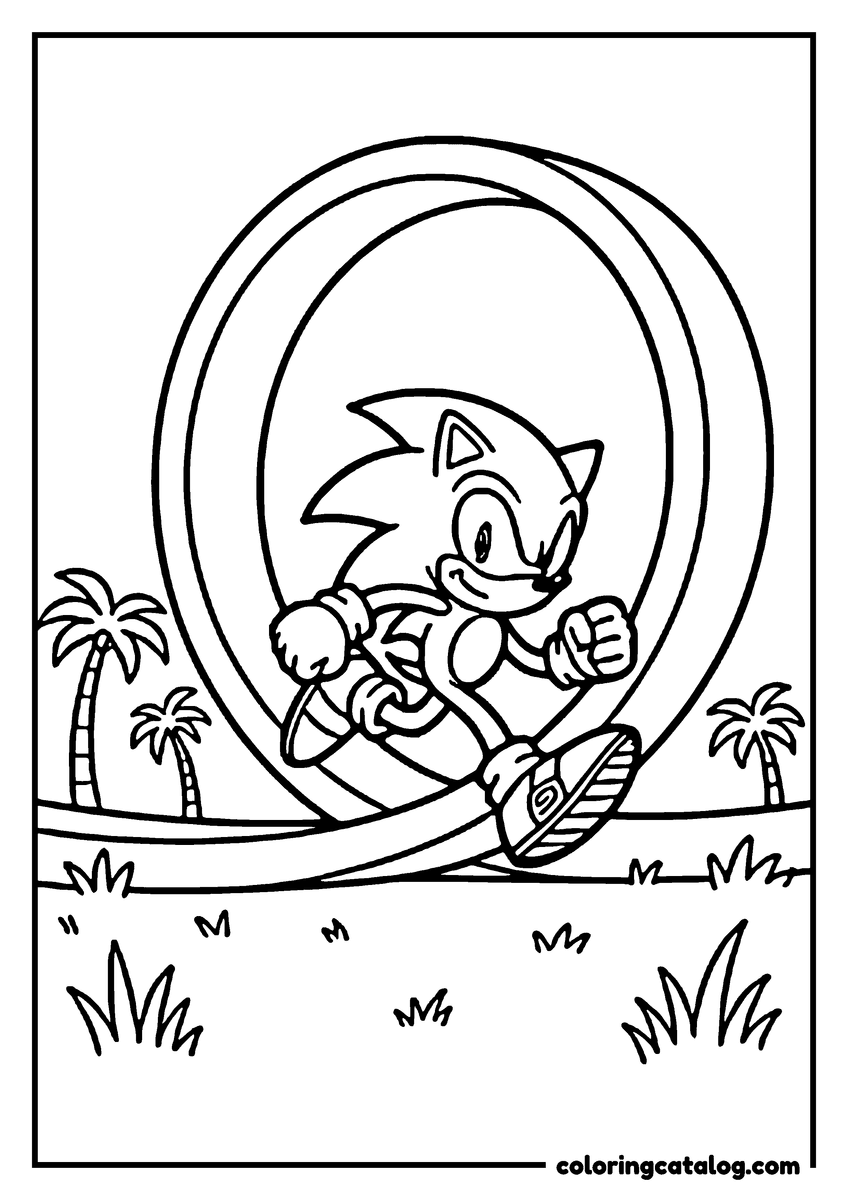 Printable coloring page: Sonic the Hedgehog is running through a loop with palm trees in the background