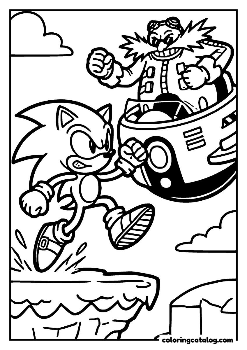 Free printable coloring sheet: Sonic the Hedgehog running along a cliff edge while Doctor Eggman chases him in his flying pod