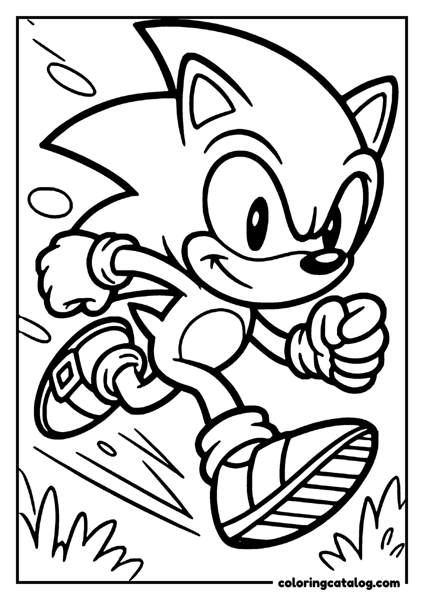 Coloring page: Sonic the Hedgehog is running with a determined expression, showcasing his iconic speed and agility