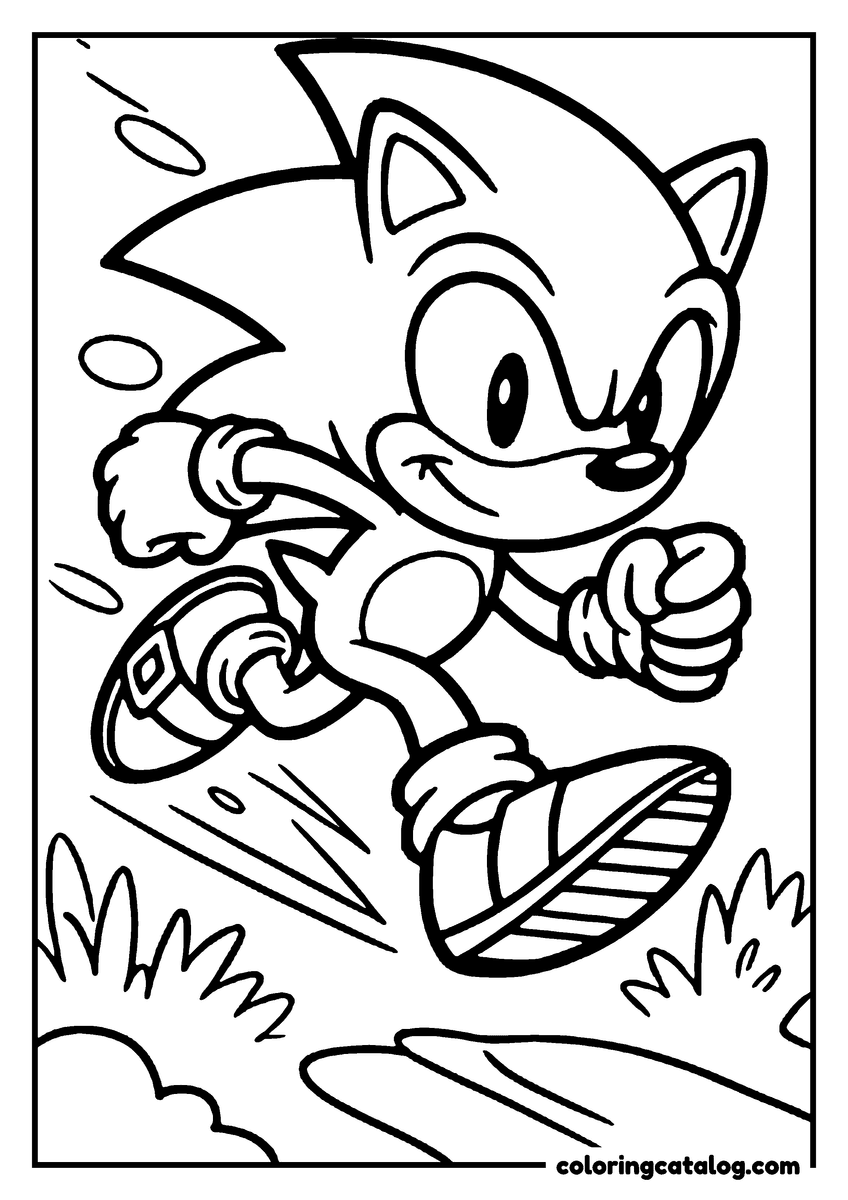 Coloring page: Sonic the Hedgehog is running with his arms outstretched, showing determination and speed