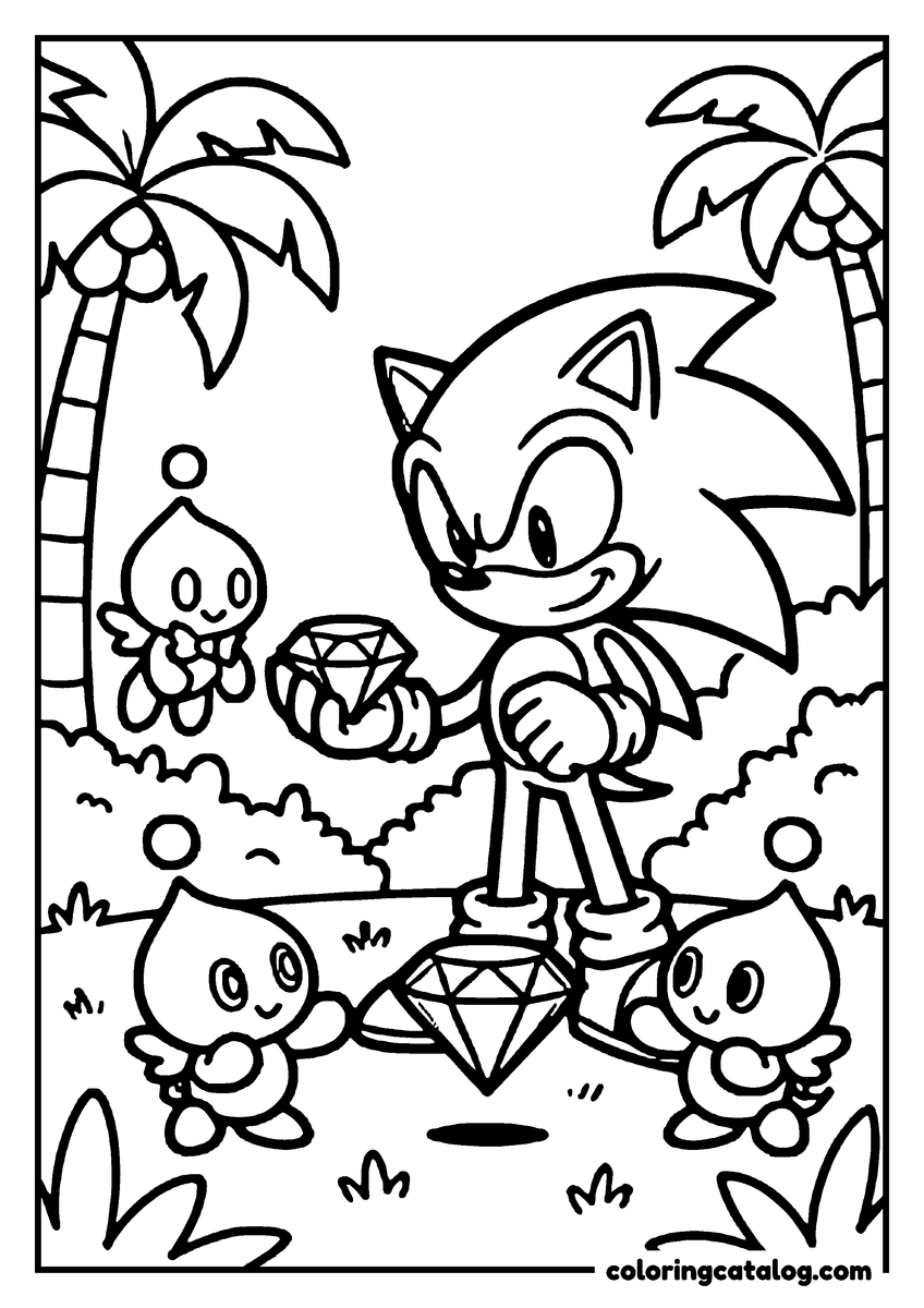 Free printable coloring sheet: Sonic the Hedgehog holding a Chaos Emerald in a palm grove, with three little Chao gathered around a second emerald