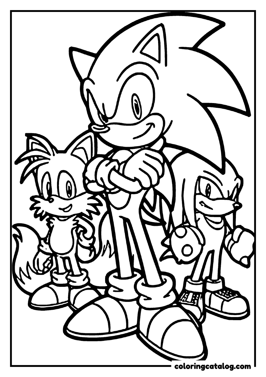 Printable coloring page: Sonic the Hedgehog stands with Tails and Knuckles, all smiling, in a simple black and white drawing