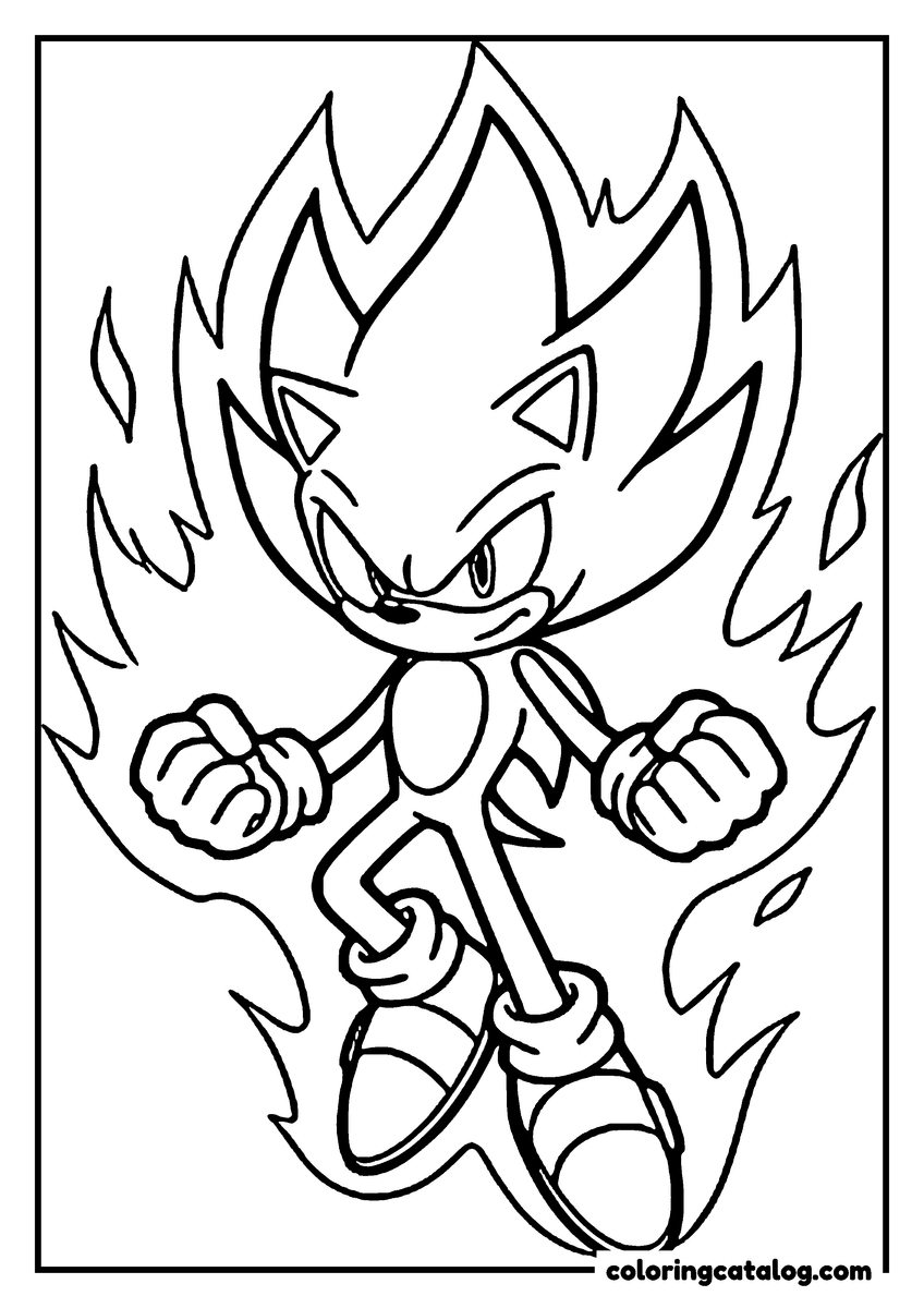 Coloring page: Super Sonic with his quills swept up and his fists clenched, surrounded by flames