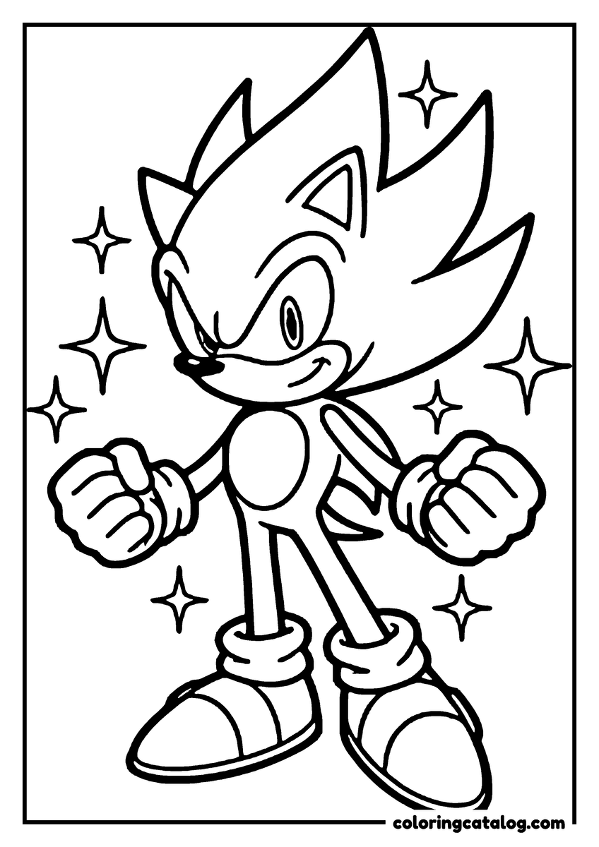 Printable coloring page: Super Sonic, a character from Sonic the Hedgehog, is giving a thumbs-up gesture with stars around him