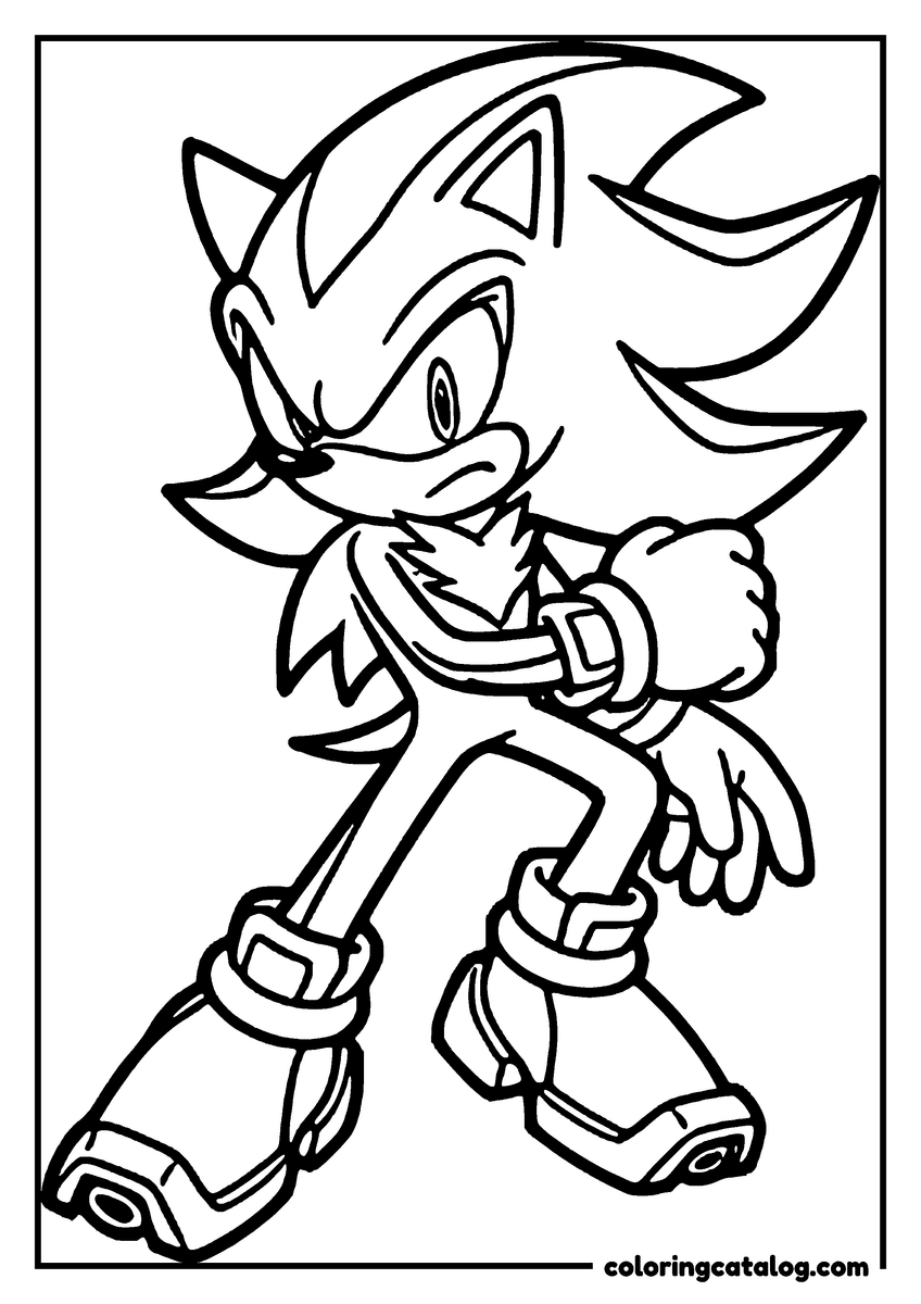 Free Sonic coloring sheet: Shadow the Hedgehog standing with one hand on his hip, striped quills swept upward and rings on his hover shoes