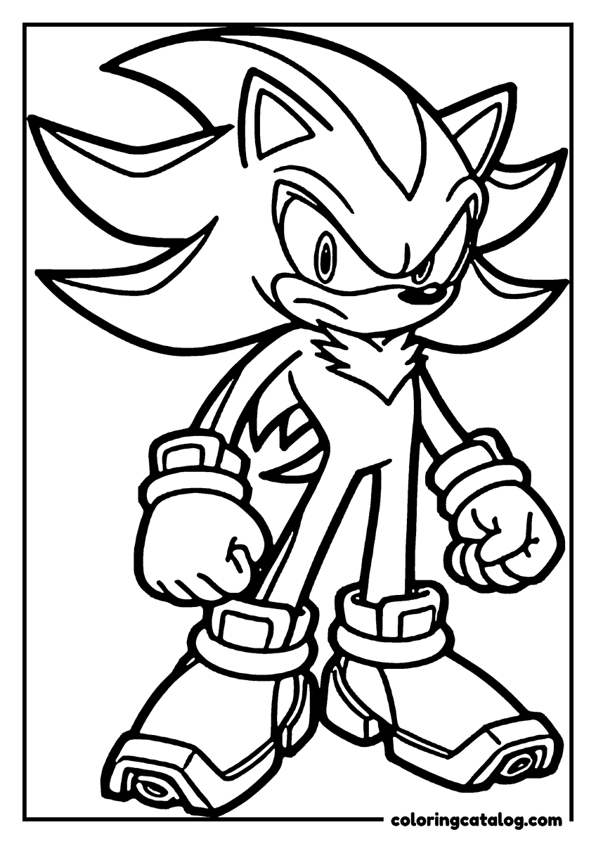 Sonic coloring page: Shadow the Hedgehog standing with his fists clenched, striped quills swept upward and rings on his hover shoes