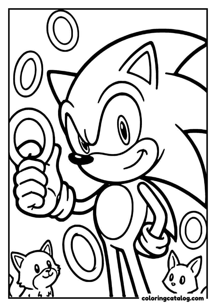 Coloring page: Sonic the Hedgehog holding up a ring, more rings floating around him and two small animals at his feet