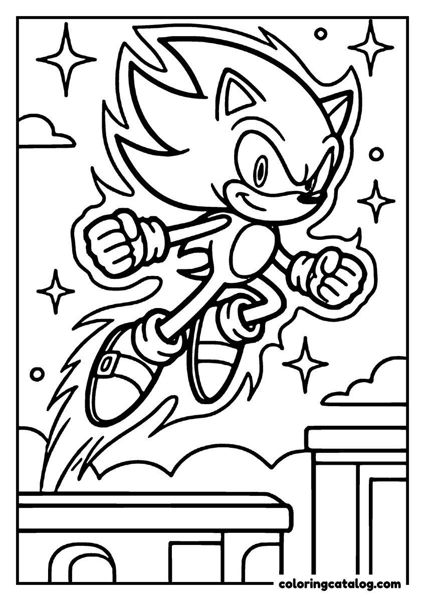 Free printable coloring sheet: Super Sonic is jumping in the air, making a peace sign, with stars and clouds around him