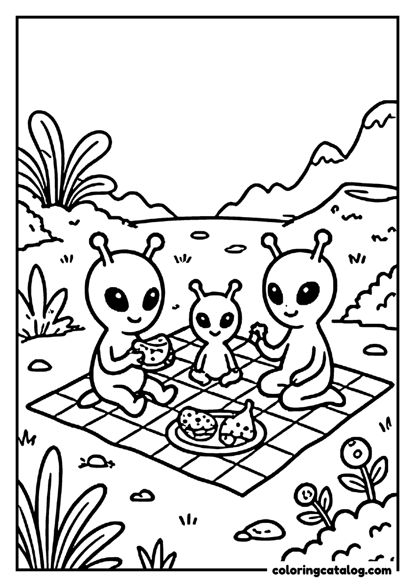 Free Space coloring sheet: A family of little aliens having a picnic on a blanket in a crater