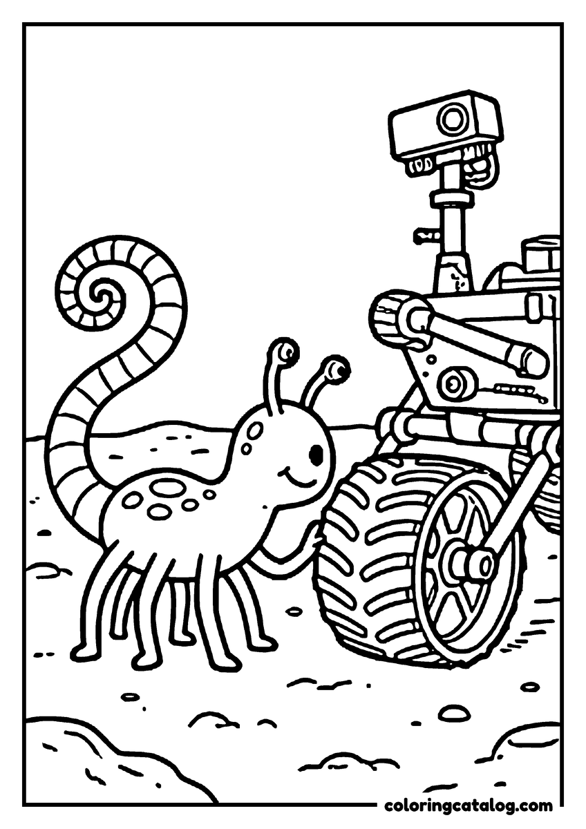 Free Space coloring sheet: A six-legged alien pet with a coiled tail sniffing the wheel of a rover