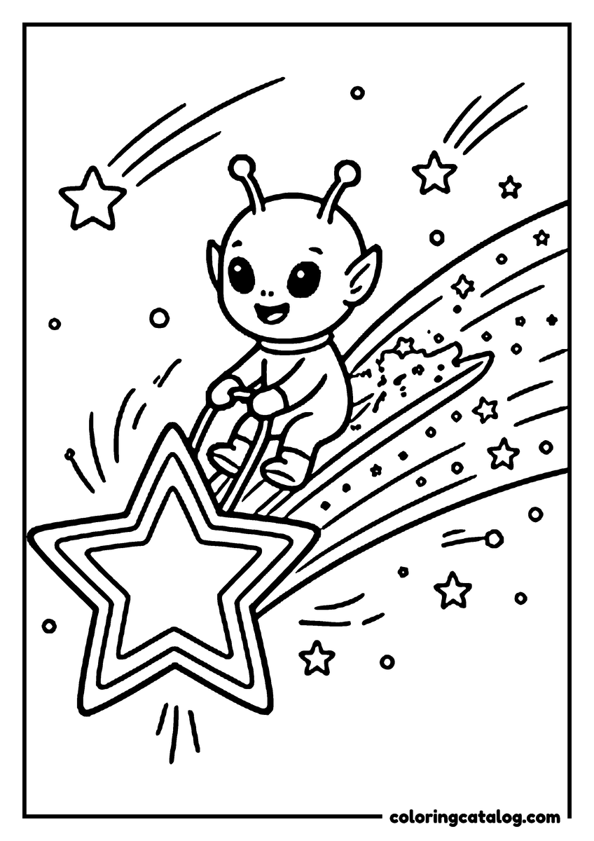 Printable Space coloring page: A little alien riding a shooting star like a sled