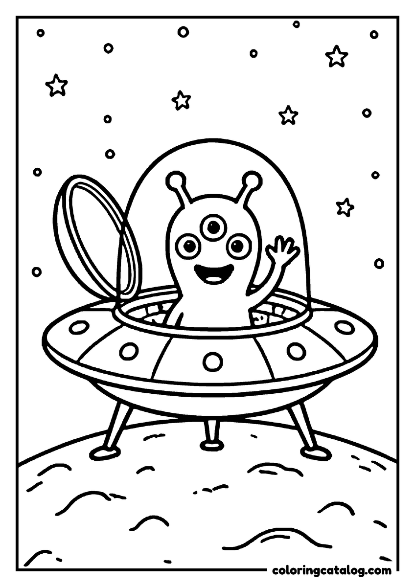 Printable Space coloring page: A three-eyed alien waving from the open hatch of a flying saucer on a moon