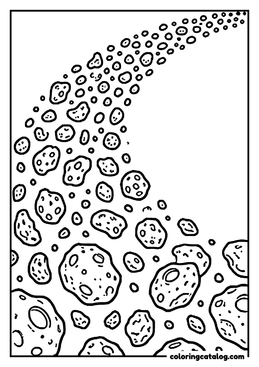 Printable coloring page: A wide arc of pitted asteroids tumbling through space