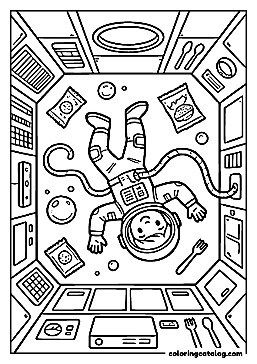 Printable Space coloring page: An astronaut floating upside down in a cabin while food packets drift around