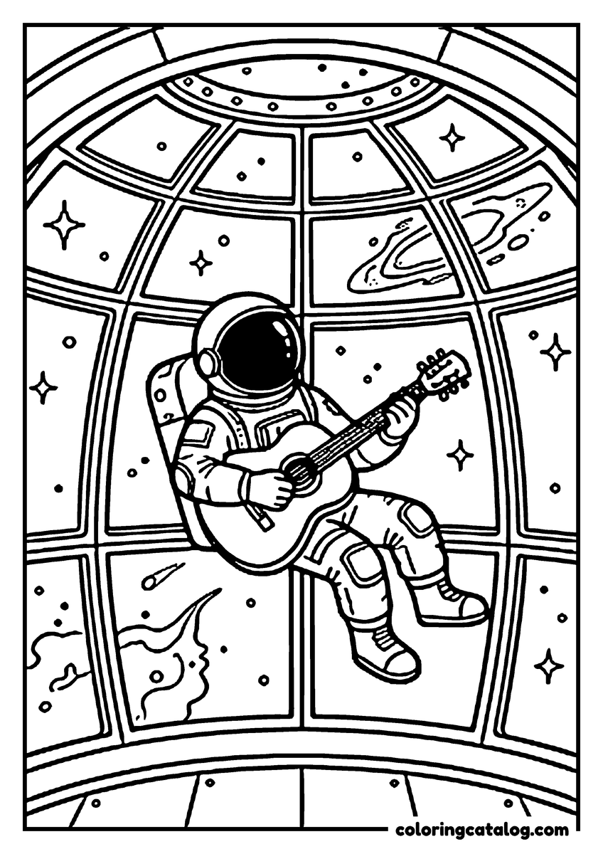 Free Space coloring sheet: An astronaut playing a guitar while floating in a domed window