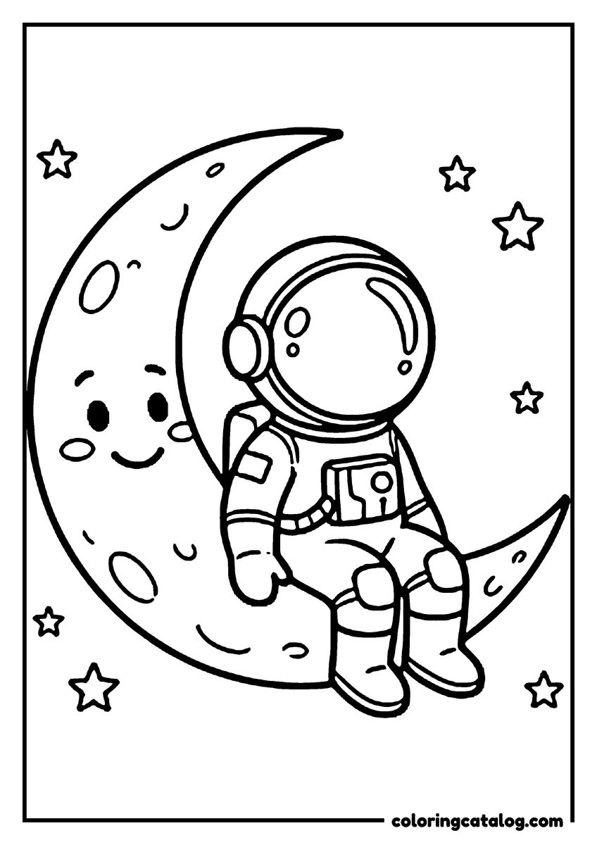 Free Space coloring sheet: An astronaut sitting on a smiling crescent moon with his boots dangling