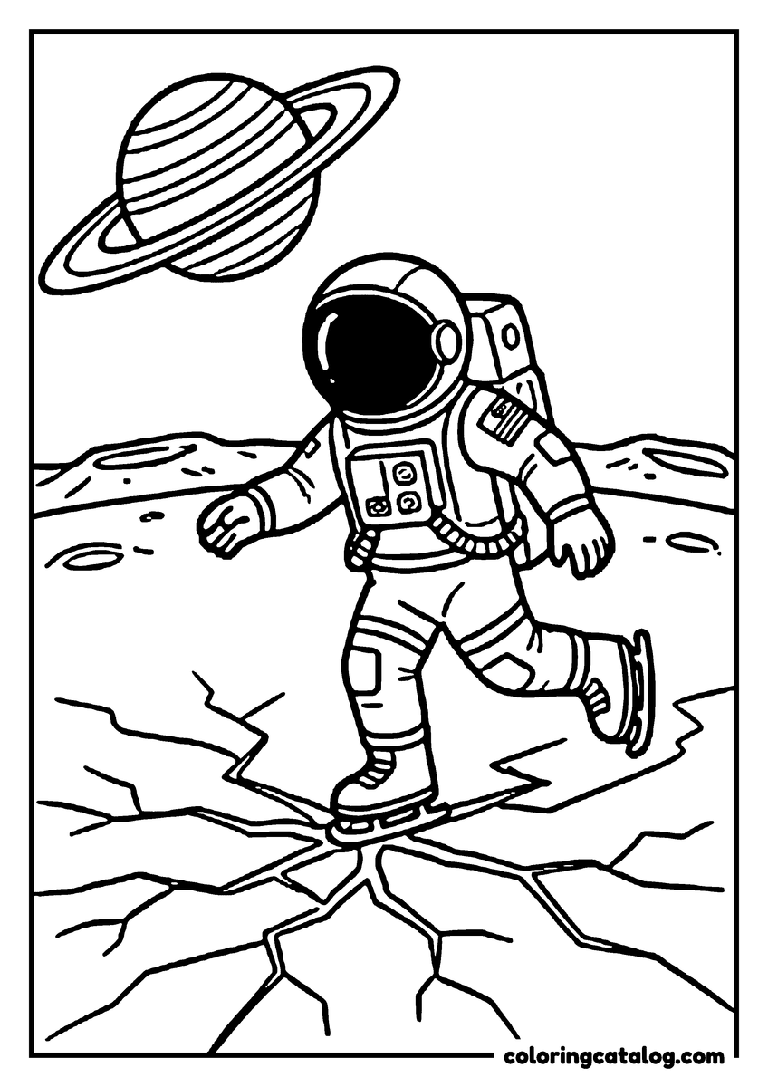 Space coloring page: An astronaut ice skating on a frozen moon, cracks spreading under the blades