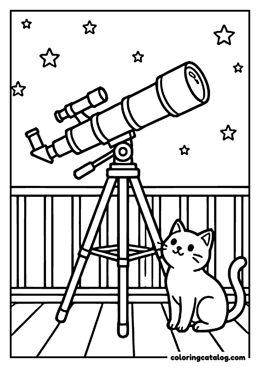 Free Space coloring sheet: A cat sitting beside a telescope on a wooden balcony under the stars