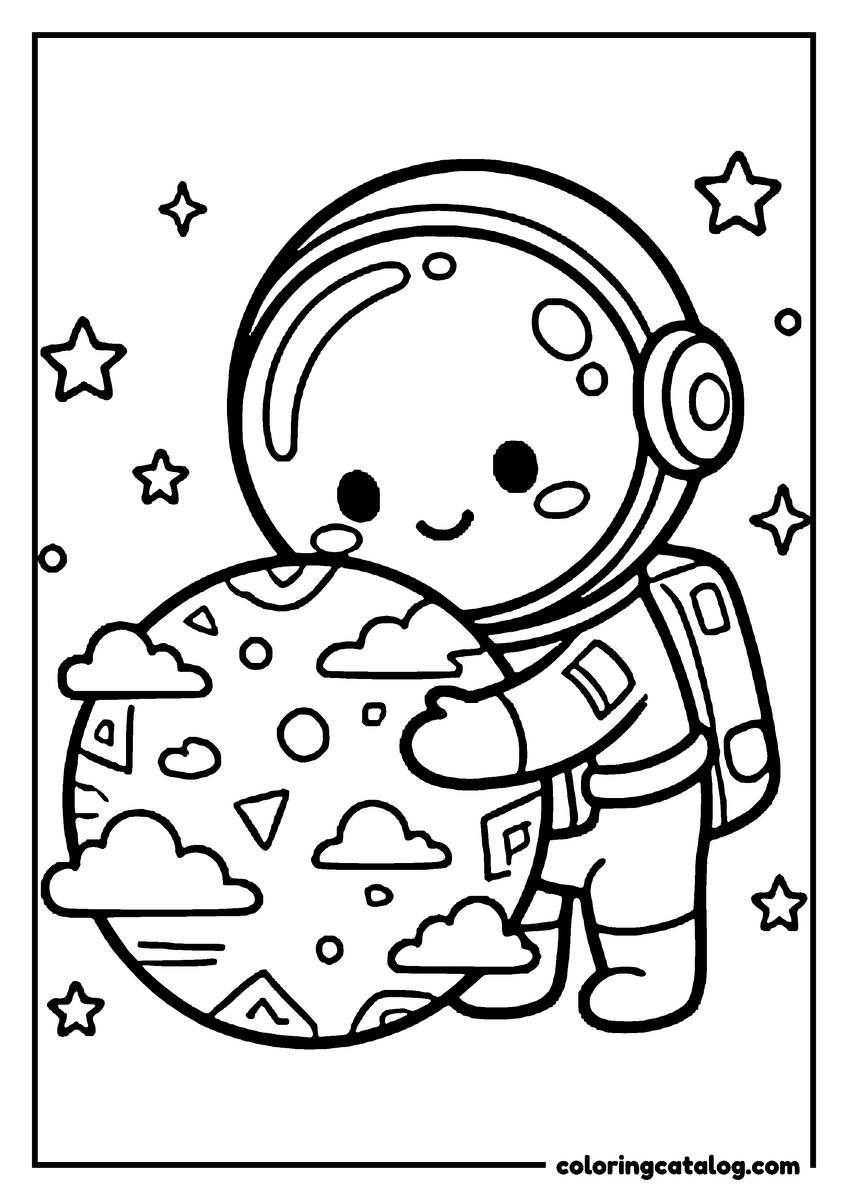 Free Space coloring sheet: A chibi astronaut hugging a little patterned planet
