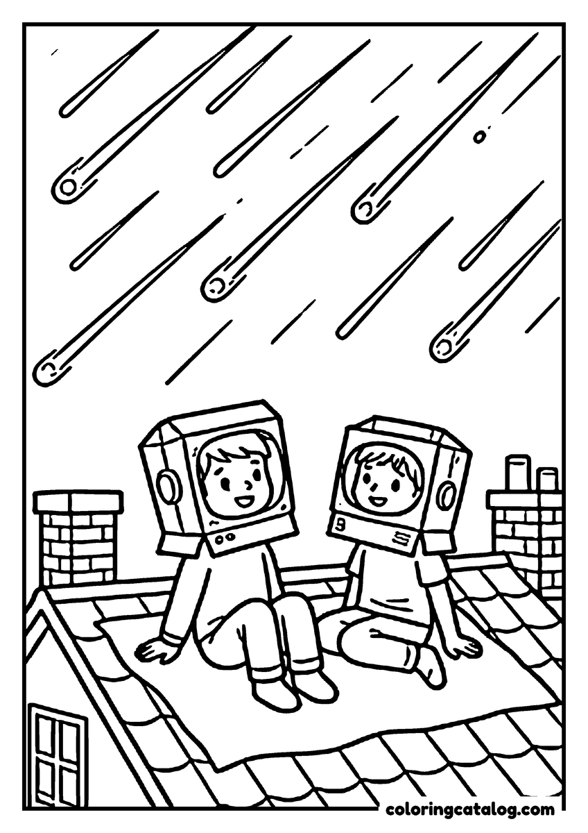 Free Space coloring sheet: Two children in cardboard helmets watching a meteor shower from a rooftop