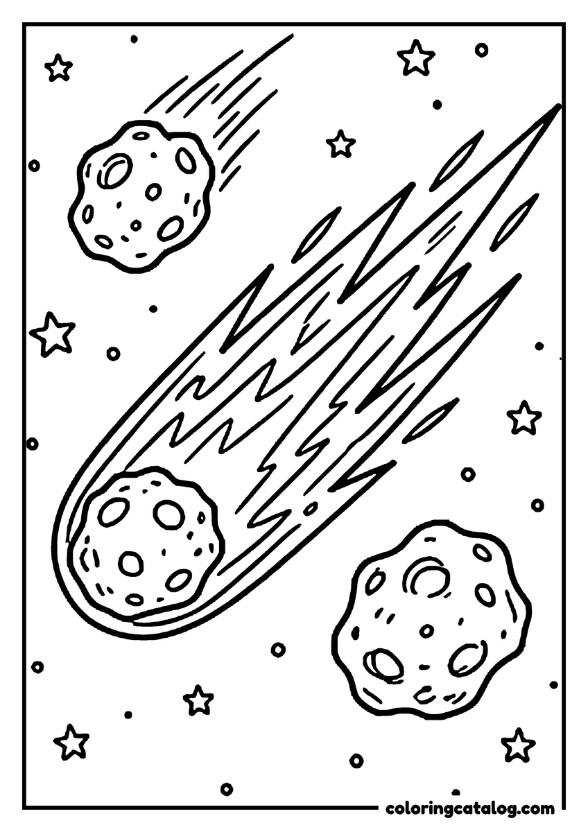 Printable Space coloring page: A comet with a streaming tail passing between two cratered asteroids