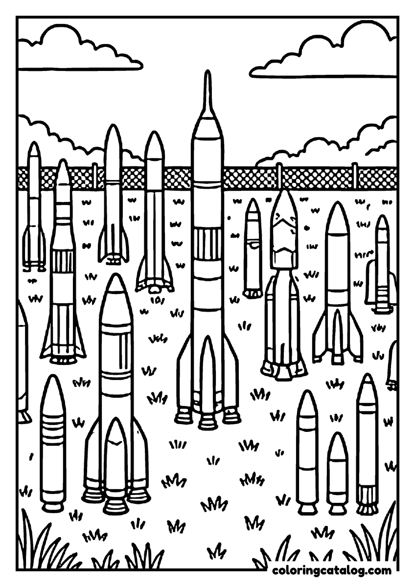 Free Space coloring sheet: Old rockets and boosters standing in rows on a grassy field