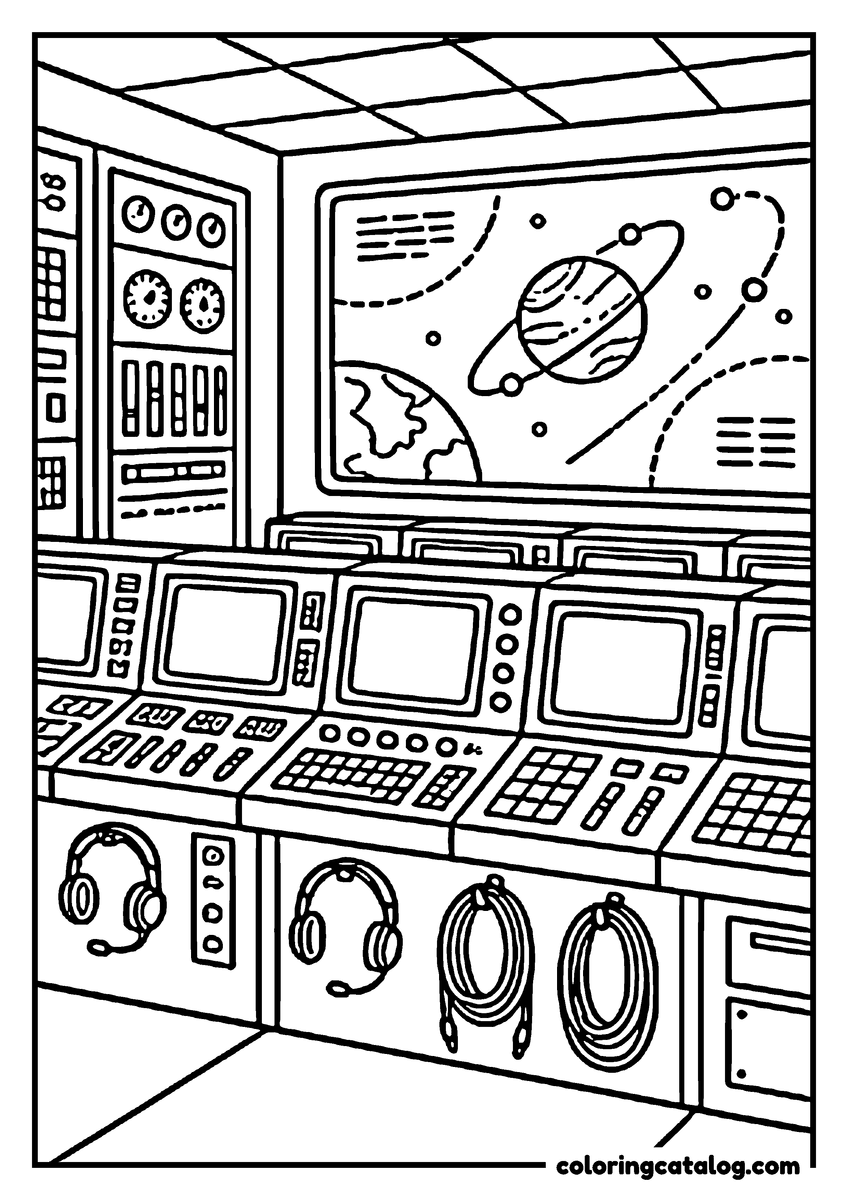 Printable Space coloring page: A control room of consoles, screens, switches and headsets