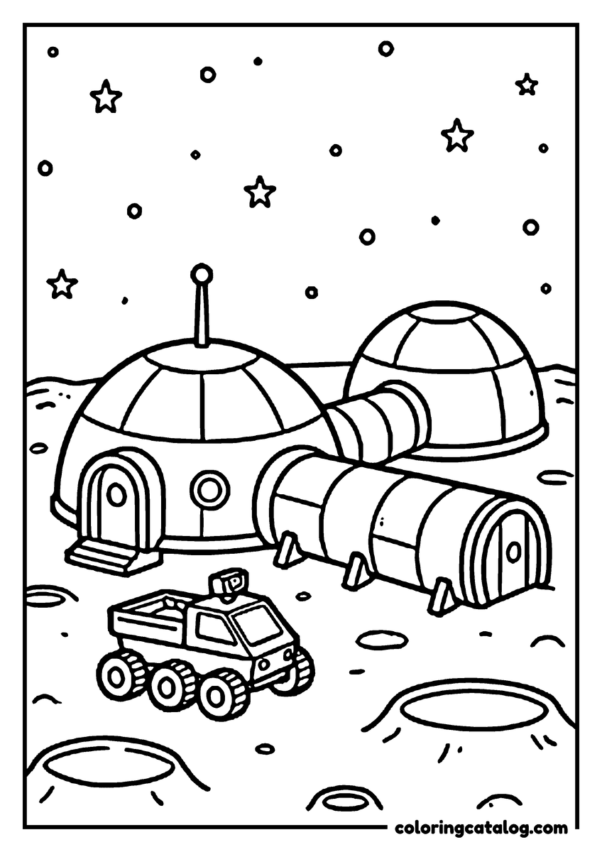 Printable Space coloring page: A moon base of domes joined by tunnels, a rover parked outside