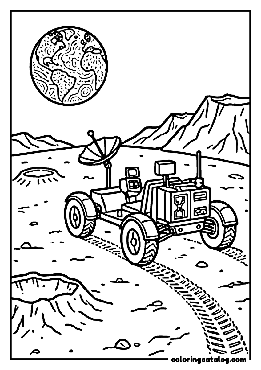 Space coloring page: A moon buggy leaving tracks in the dust, Earth low in the sky