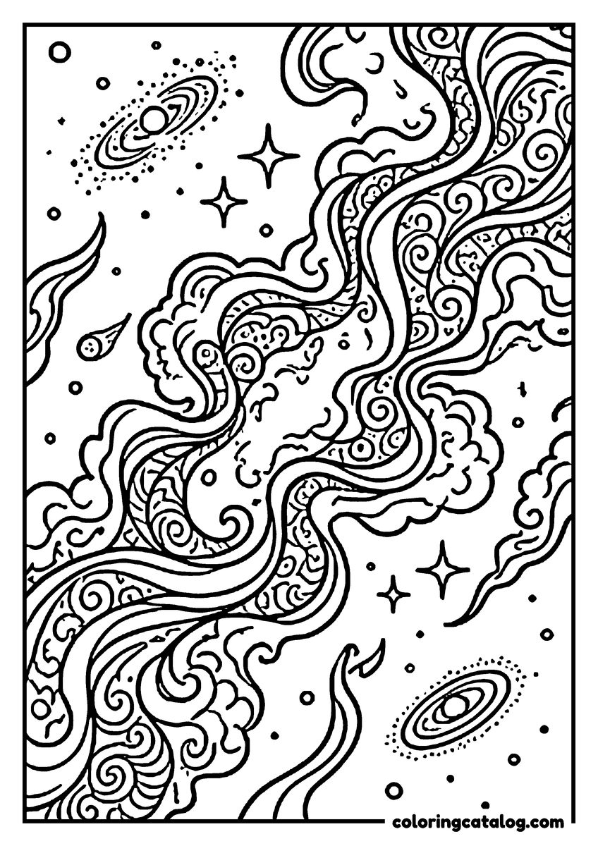 Printable Space coloring page: A nebula of swirling clouds and ribbons with small galaxies and stars