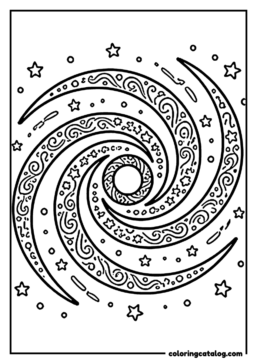 Free Space coloring sheet: A spiral galaxy with its arms filled with swirls, dots and stars