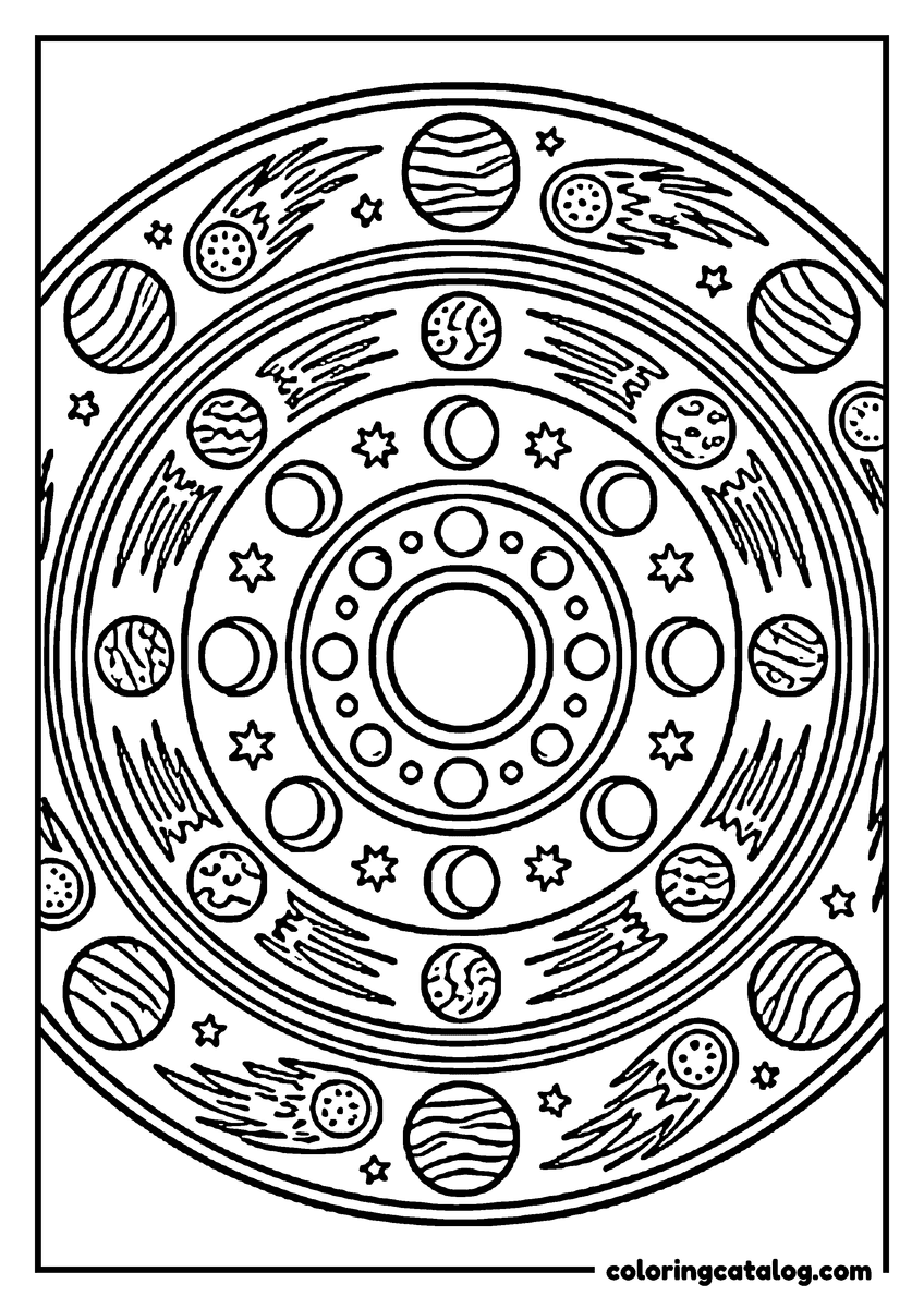 Space coloring page: A round mandala of planets, comets, stars and moon phases in rings