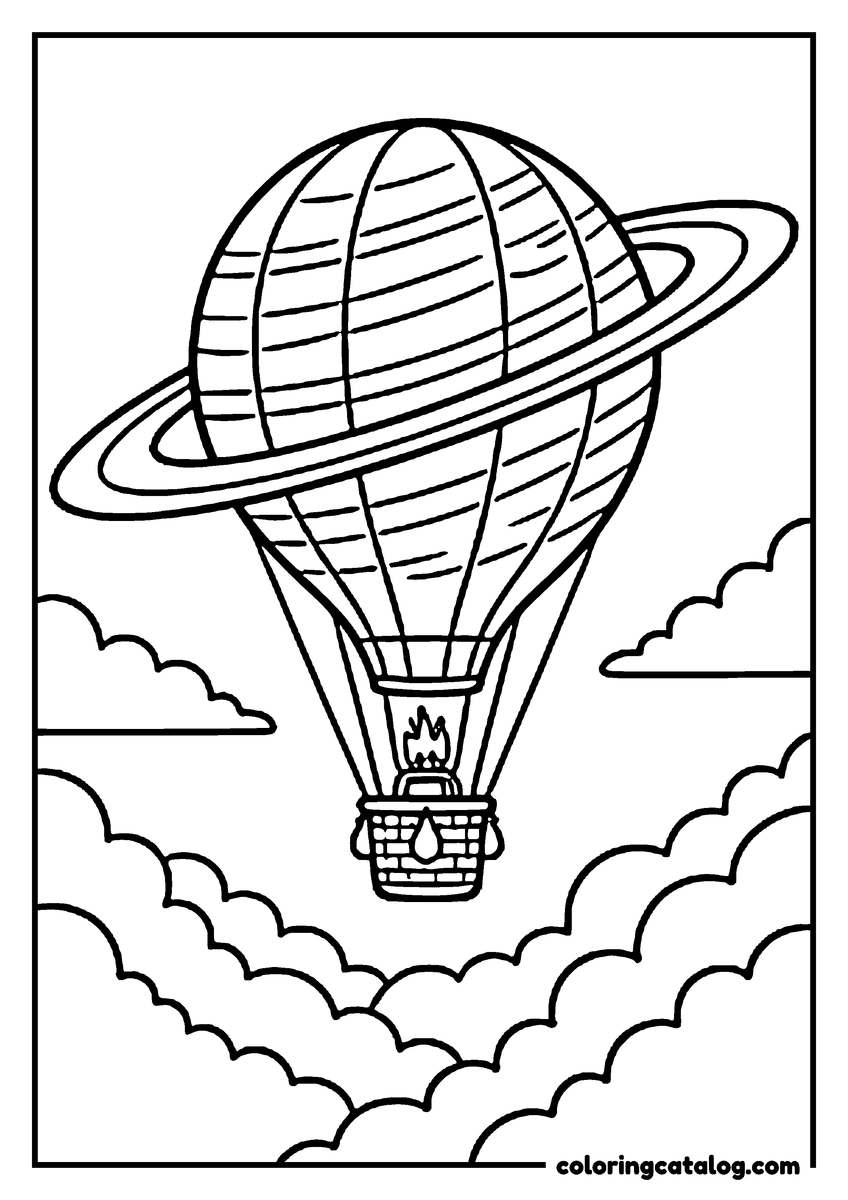 Free Space coloring sheet: A hot air balloon shaped like a ringed planet rising above the clouds