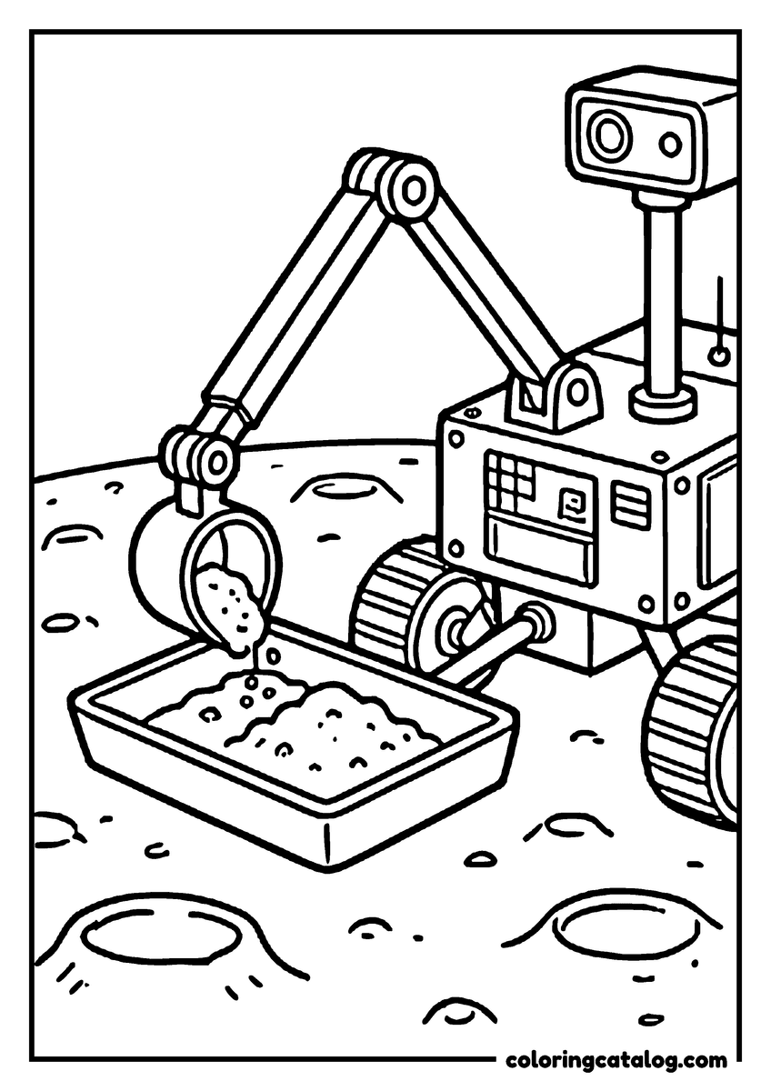 Free Space coloring sheet: A robot probe scooping soil into a sample tray with its arm