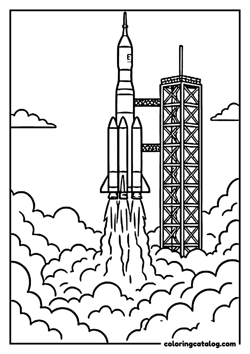 Space coloring page: A rocket lifting off beside its launch tower in great clouds of smoke