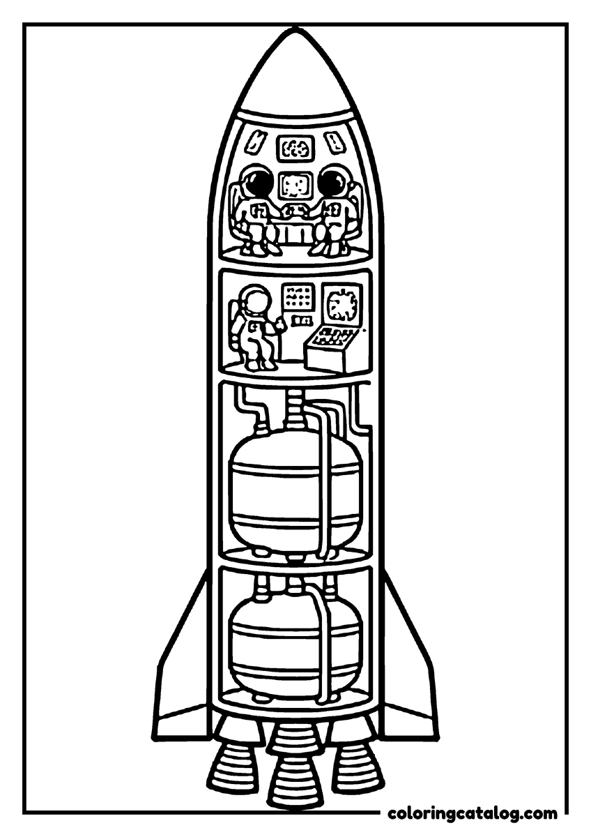 Printable Space coloring page: A rocket drawn open to show the crew cabin, the controls and the fuel tanks