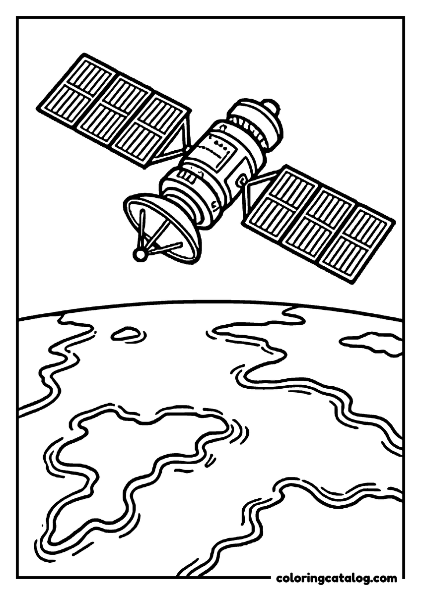 Free Space coloring sheet: A satellite with ribbed panels and a dish passing high over a coastline