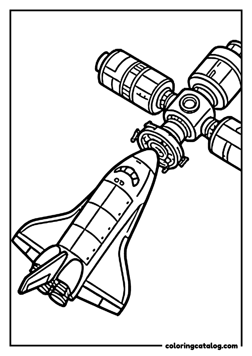 Free printable coloring sheet: A space shuttle docking with the modules of a space station