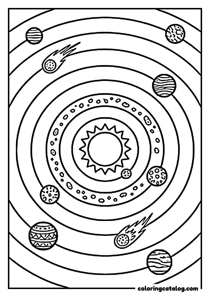 Space coloring page: The planets on their orbits in nested circles around the sun, comets passing