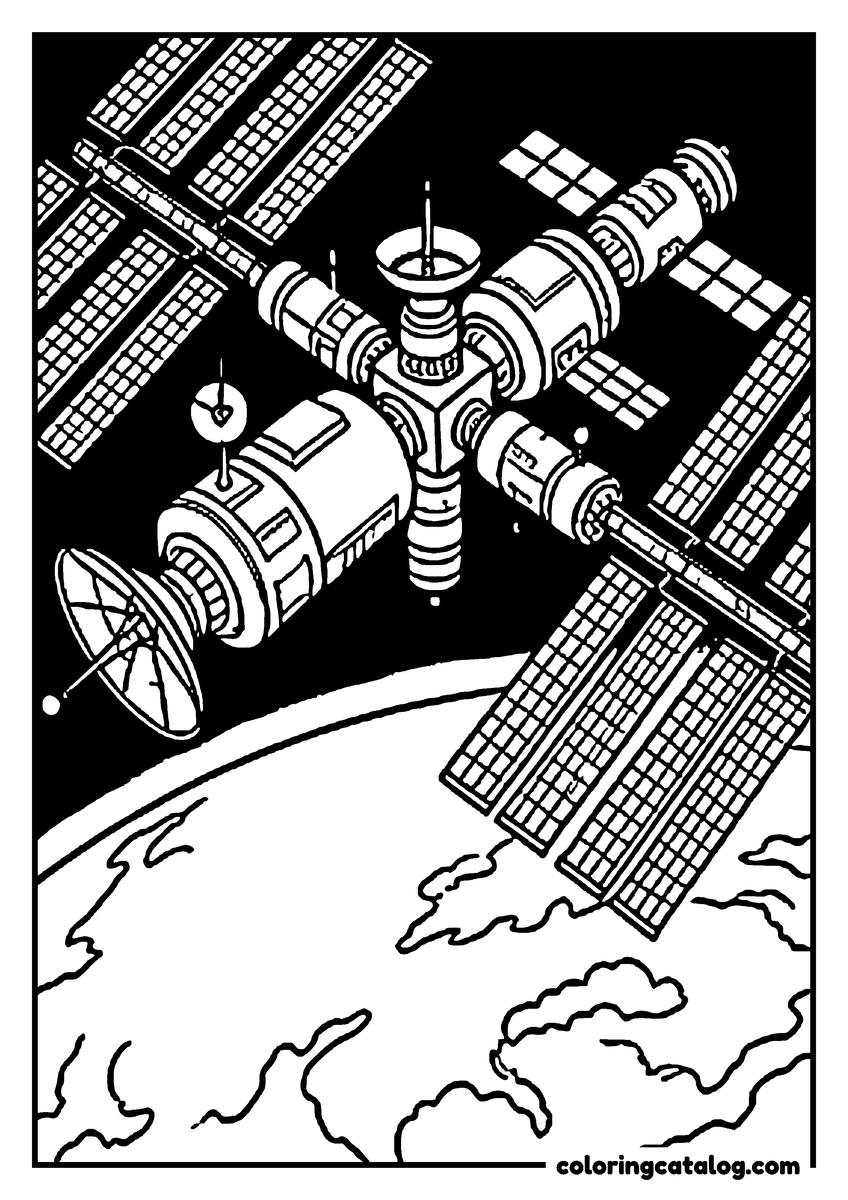 Coloring page: A space station with solar panel arrays orbiting above a cloudy planet