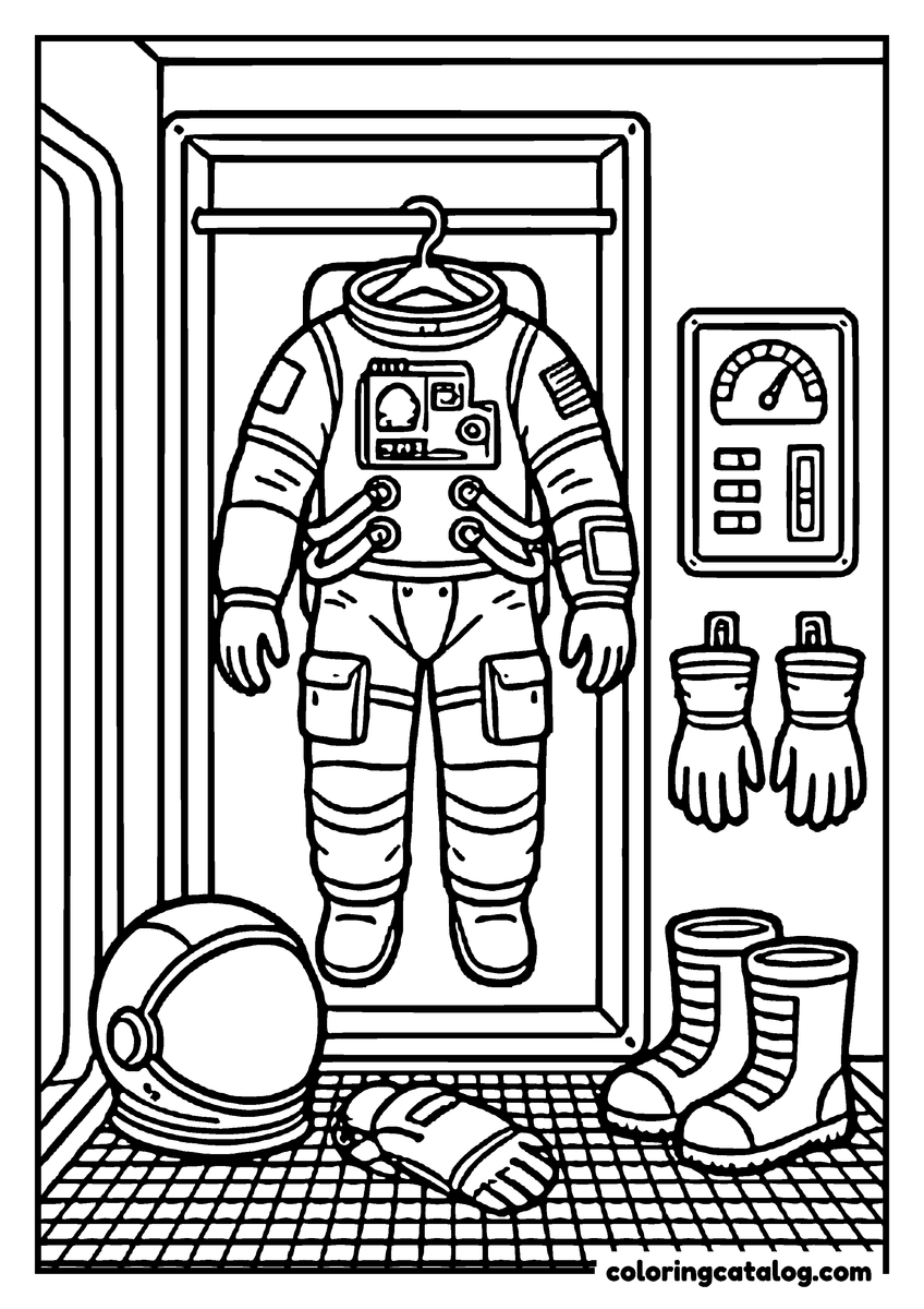 Printable coloring page: A space suit hanging in an airlock with the helmet, boots and gloves